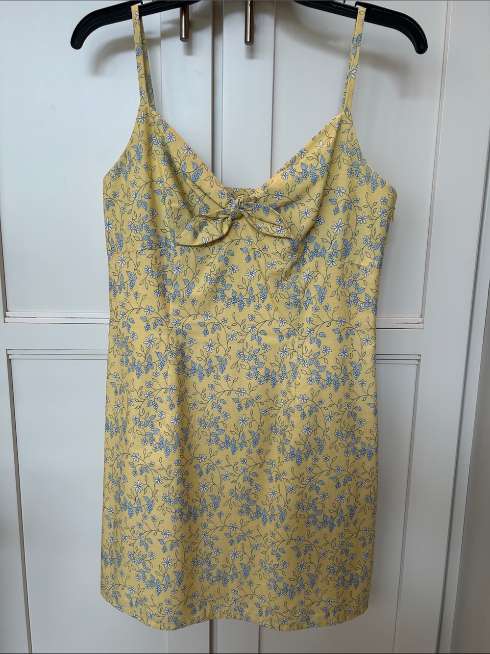 LOFT Yellow Mini Dress with Blue Floral Print and Front Knot